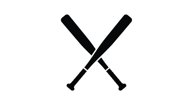 A stark black and white image depicts two baseball bats crossed against a plain white background creating a simple icon