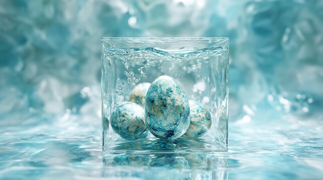 Eggs submerged in water inside a glass container, artistic display of nature elements.