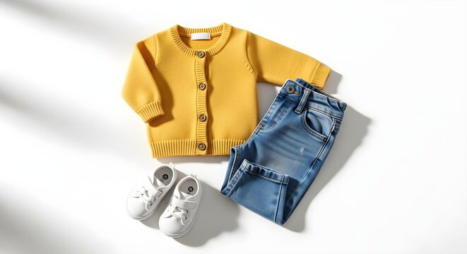 Toddler outfit with yellow cardigan, jeans, and sneakers on white background