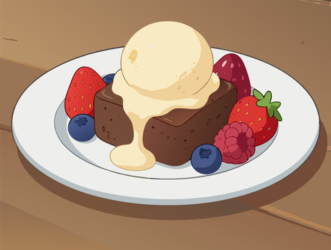 Decadent chocolate brownie topped with a scoop of vanilla ice cream and garnished with fresh berries. Vector.