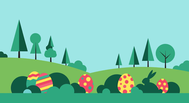 flat design easter egg hunt in a vibrant spring landscape featuring colorful eggs and an easter bunny hiding