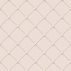 Fototapeta premium Luxury pearl quilted seamless pattern. Elegant dusty pink background with golden chains and shiny pearls in a diamond grid. Sophisticated texture for high-end fashion and interior design.
