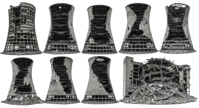 eight isolated, derelict brutalist industrial silos and cooling towers with exposed rebar and concrete damage, standing on a clinical high-key white background concept of architectural decay and
