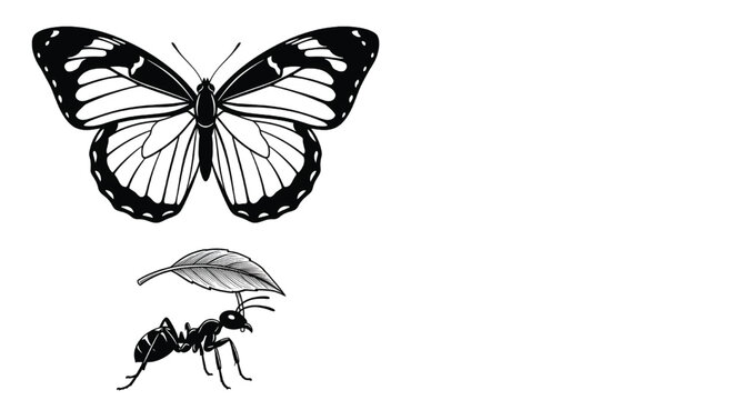 A butterfly and an ant are shown in a simple black and white illustration