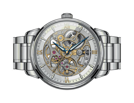 A detailed vector illustration of a luxury mechanical skeleton watch. The intricate gold and silver gears are visible, perfect for concepts of time, precision, and elegance.