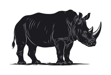 Obraz premium A powerful black rhinoceros in a stylized graphic illustration. This bold rhino vector silhouette is perfect for logos, icons, emblems, and wildlife conservation themes.