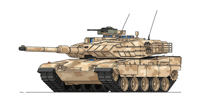 Illustration of a modern desert camouflage main battle tank with a prominent turret and cannon