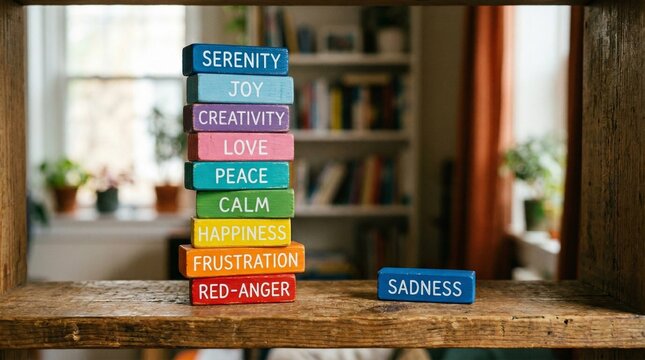 Stack of colorful wooden blocks labeled with emotions&mdash;joy, excitement, peace, confusion, love, calm, anger, fear&mdash;beside single blue block marked sadness, cozy indoor background with plants and shelves