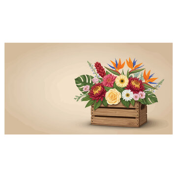Vibrant mixed floral arrangement featuring exotic birds of paradise, protea, gerbera, roses, and tropical foliage in a rustic wooden crate, set against a soft beige gradient background. Vect