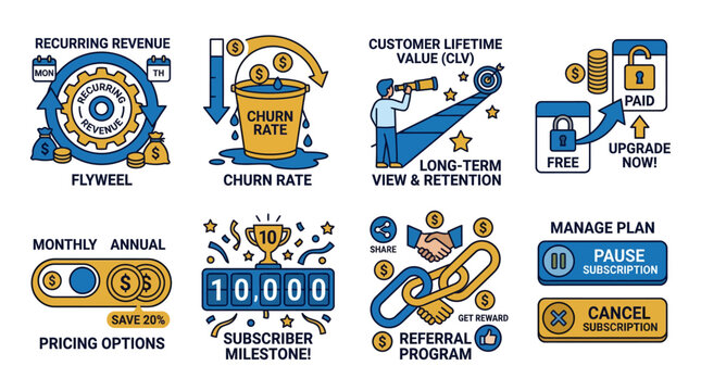 Recurring Revenue SaaS Metrics and Subscription Management Icon Set