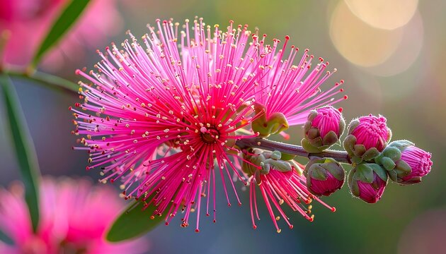 Close-up of a vibrant pink bottlebrush flower with buds, blurred bokeh background