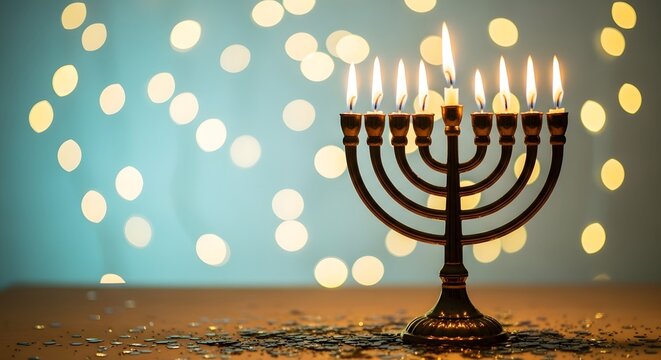 A menorah with lit candles on a table with confetti