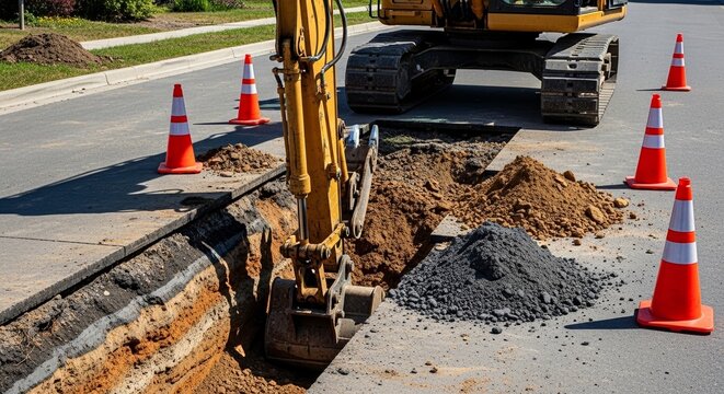 Excavator digging road trench with construction cones and loose dirt on pavement. Excavator is engaged in road work, digging a trench surrounded by safety cones and excavated materials.
