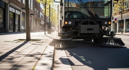 Fototapeta premium Road sweeper cleaning sidewalk with dust rising in urban setting. Road sweeper operates efficiently, moving along the street while maintaining cleanliness at commercial locations.
