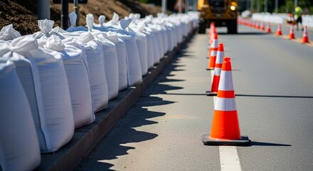Obraz premium Sandbags beside roadwork with traffic cones marking construction zone. Roadwork includes safety measures with white sandbags and orange cones diverting traffic.