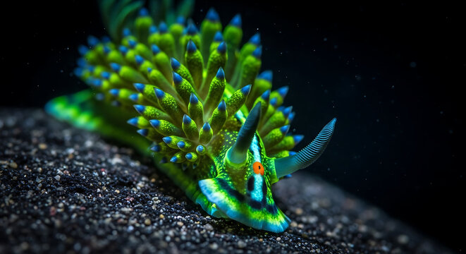 Vibrant green and blue marine nudibranch displaying its intricate cerata and vivid hues against a dark, textured seabed, a beautiful underwater creature in detail