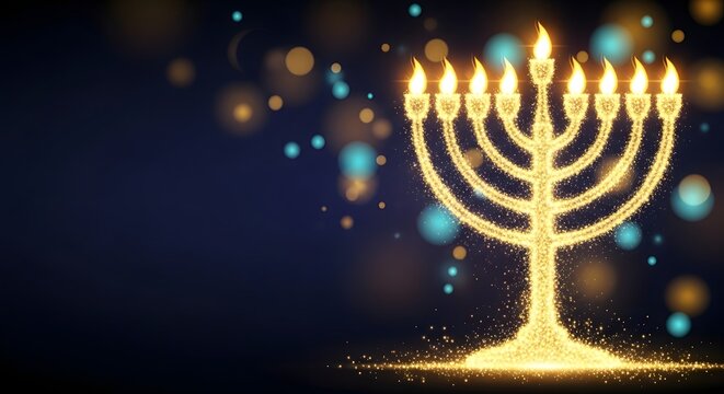 A golden menorah with lit candles on a dark background