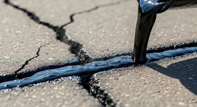 Dark liquid for asphalt crack repair, filling fissures on weathered pavement. Workers perform asphalt crack repair, applying hot sealant to prevent further deterioration.