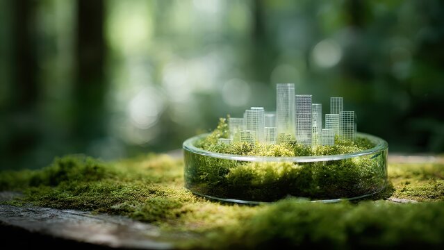 苔の上のシャーレに広がる未来都市 スマートシティと環境共生のコンセプト
