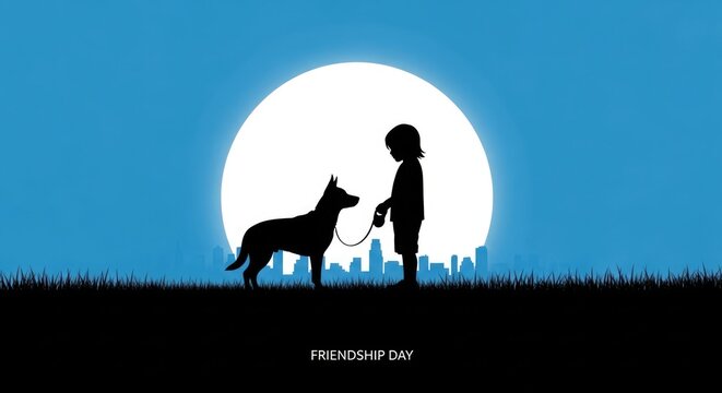 Friendship day silhouette of a girl and dog under full moonlight
