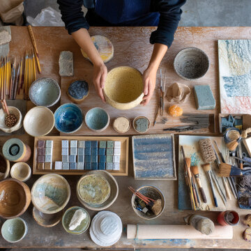 Overhead artisan workspace with ceramic bowls, glaze swatches, and pottery tools arranged