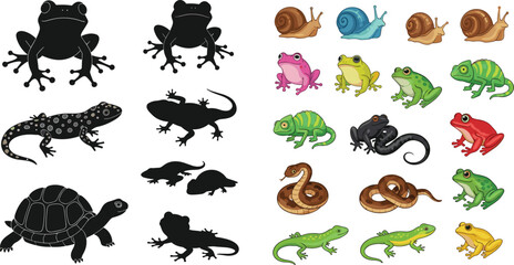 Large Collection of Reptile and Amphibian Vector Icons Featuring Frog Silhouettes, Colorful Lizards, Snakes, Snails, and Chameleons for Nature Education and Wildlife Graphic Design © MstRakha