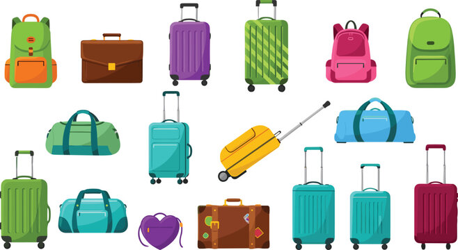 Large Collection of Colorful Travel Luggage Vector Icons Including Suitcases, Backpacks, Duffel Bags, Briefcases, and Rolling Travel Bags for Tourism and Vacation Graphics