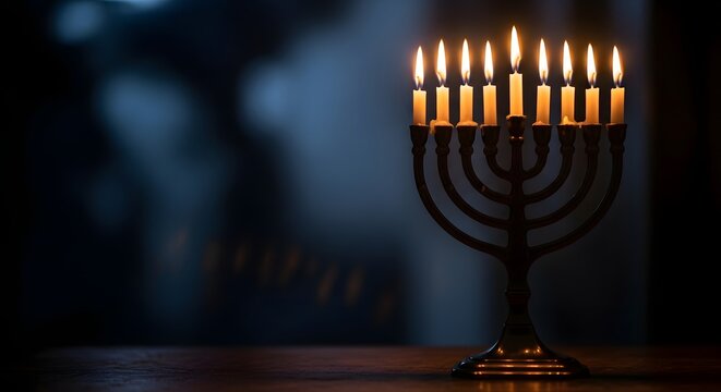 A menorah with lit candles on a table