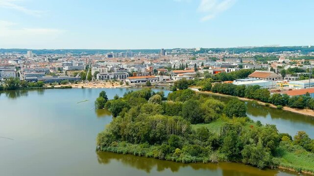 Nancy, France. Panorama of the central part of the city. Summer, Sunny day. Drone footage