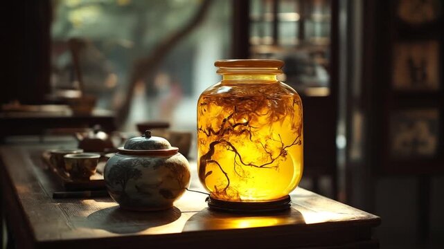 Decorative glass jar with artistic illumination and tea set display