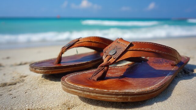 A pair of brown leather sandals on a sandy beach with a blurred ocean background