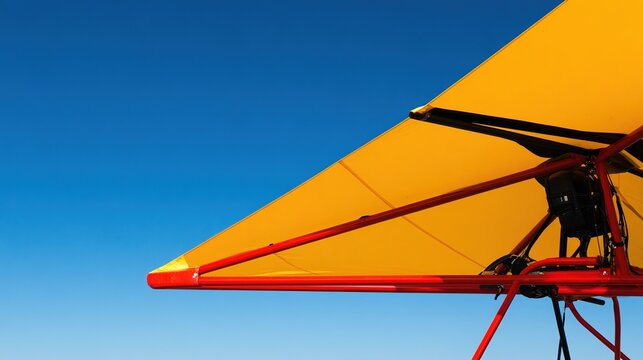 ultralight. A colorful ultralight aircraft wing extended against a clear blue sky. mobility guides, transit brochures, designed for mobility and urban transit guides.