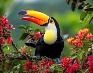 A Vibrant Keel-billed Toucan with its Beak Open Wide, Perched Amidst Blooming Tropical Flowers and Lush Green Foliage © Shah