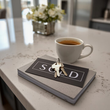 Sold sign with house keyring and contract on kitchen island in bright modern home interior