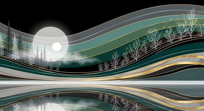A digital illustration of a forest with a moon in the background