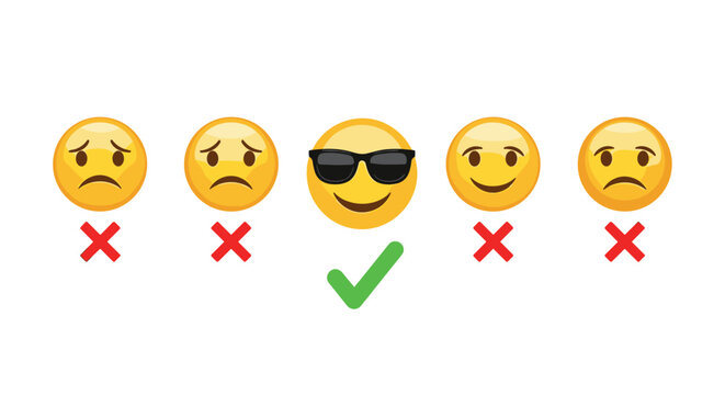 Customer satisfaction and feedback rating concept with a row of sad emojis and one cool sunglasses face with a checkmark.