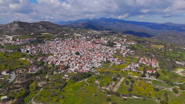 360 Degree Aerial Orbit of Pano Lefkara Historic Stone Village in Cyprus Mountains