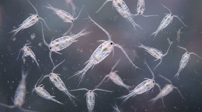 A microscopic view of small crustaceans swimming in water
