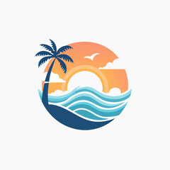 Obraz premium Tropical Beach Sunset with Palm Tree and Ocean Waves.
