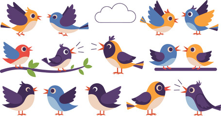 Fototapeta premium Colorful Cartoon Bird Set with Chirping, Pairing, and Branch Poses for Kids' Art, Stickers, and Designs