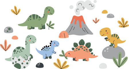 Cartoon Dinosaur Scene with Volcano - Playful Dinosaur and Nature Vector Illustration © Shahanaj