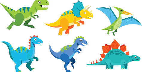 Cartoon Dinosaur Set with Colorful T-Rex, Triceratops, Pterodactyl, Stegosaurus, and Other Dinosaur Illustrations for Kids and Educational Designs © Shahanaj