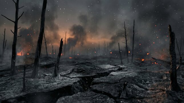 Desolate battlefield landscape with charred earth and smoke  