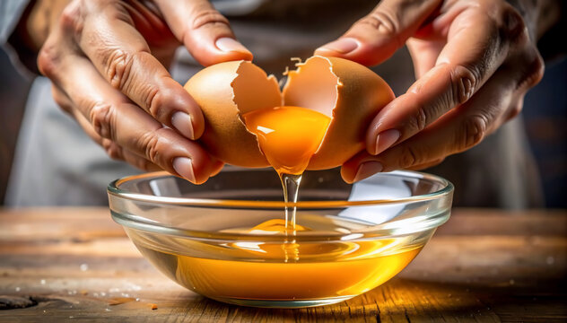 Hands cracking egg into glass bowl.