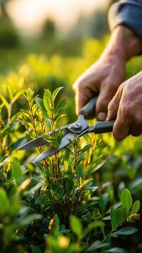 Hands cutting green hedge with scissors.