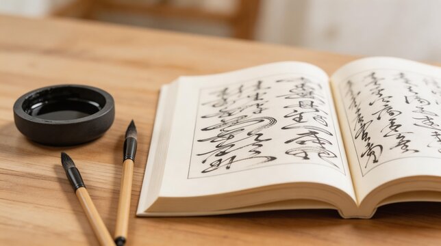 Close-up of an open book with traditional calligraphy on a wooden table. Asian ink brushes and inkstone with black ink. Cultural heritage and artistic practice concept. Selective focus