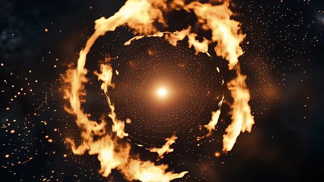 Fiery circular portal with glowing core and sparks on dark background, cinematic energy ring