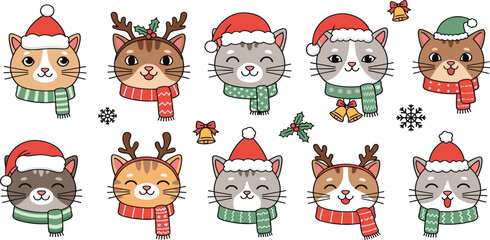 Fototapeta premium Cute Christmas Cats Vector Set Featuring Kittens with Santa Hats, Reindeer Antlers, Scarves, Bells, and Winter Holiday Elements for Festive Designs
