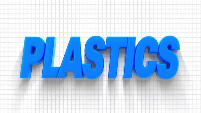 Plastic manufacturing process from liquid to solid typography on grid.
