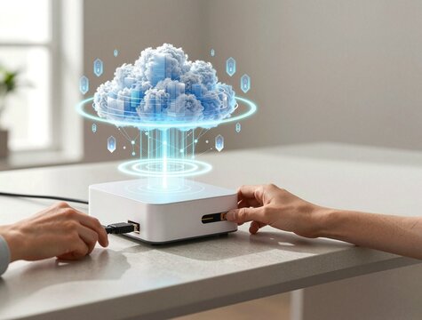 Hands Connecting Ethernet Cable to NAS Device with Holographic Cloud